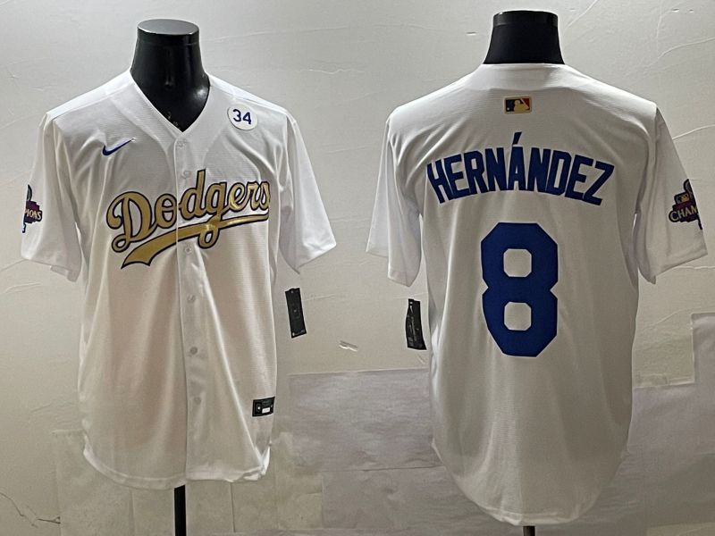 Men Los Angeles Dodgers #8 Hernandez White Champion gold character 2025 Nike MLB Jersey style 3313